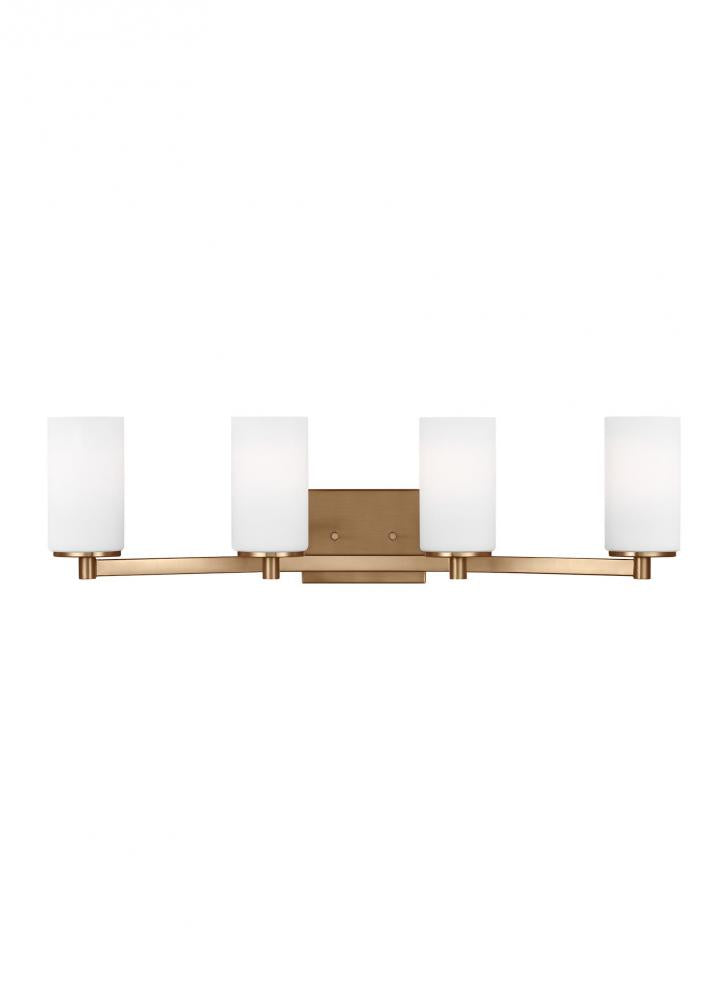 Hettinger traditional indoor dimmable 4-light wall bath sconce in a satin brass finish with etched w