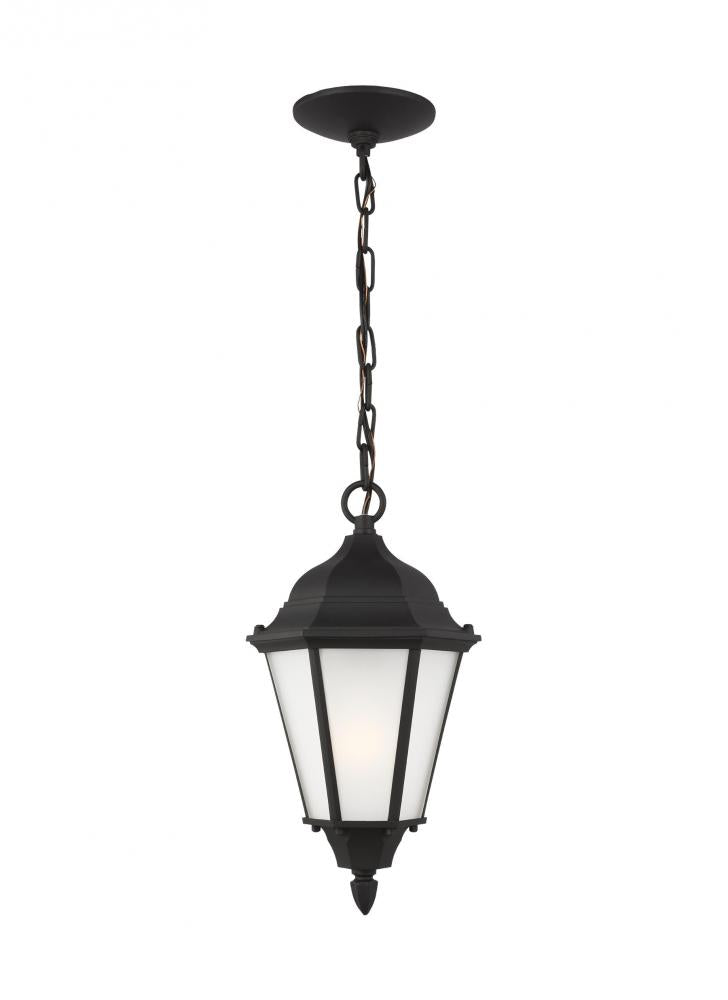 Bakersville traditional 1-light outdoor exterior pendant in black finish with satin etched glass pan