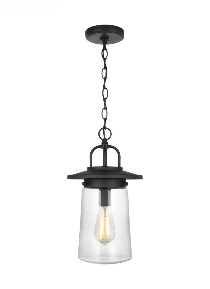 Tybee traditional 1-light outdoor exterior pendant in black finish with clear glass shade