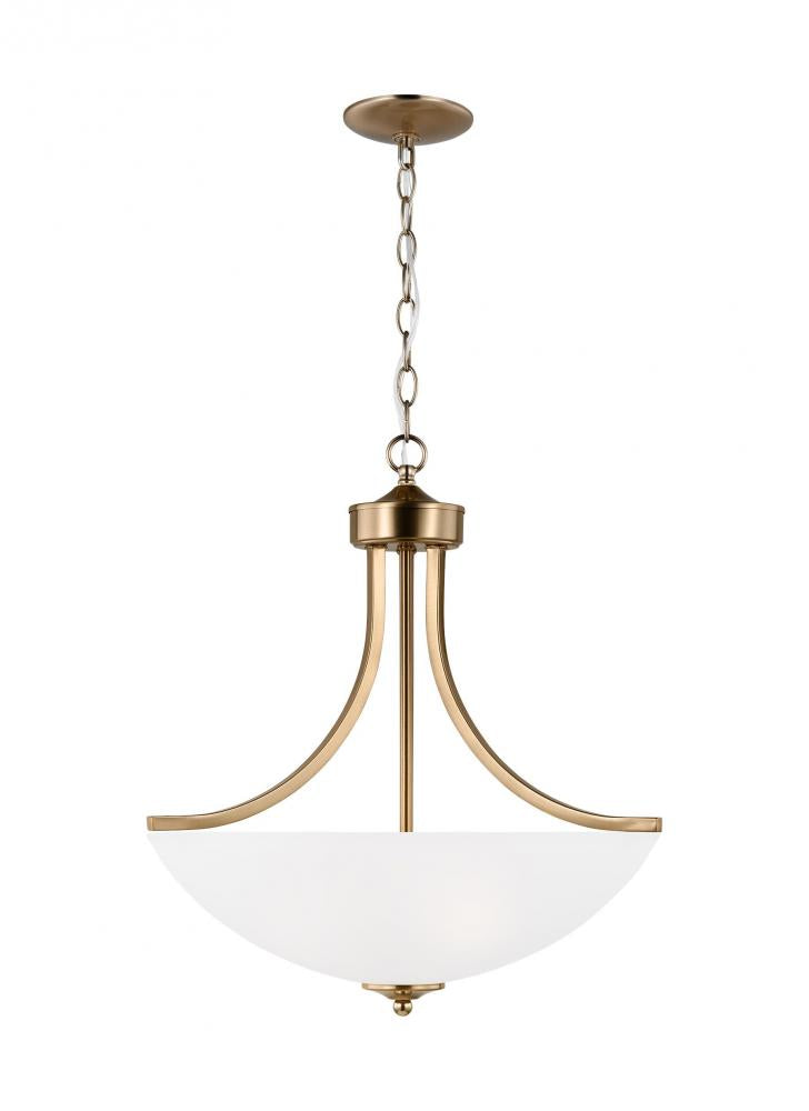 Geary traditional indoor dimmable medium 3-light pendant in satin brass with a satin etched glass sh