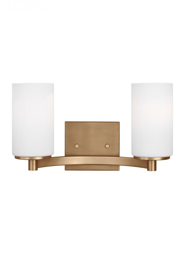 Hettinger traditional indoor dimmable 2-light wall bath sconce in a satin brass finish with etched w