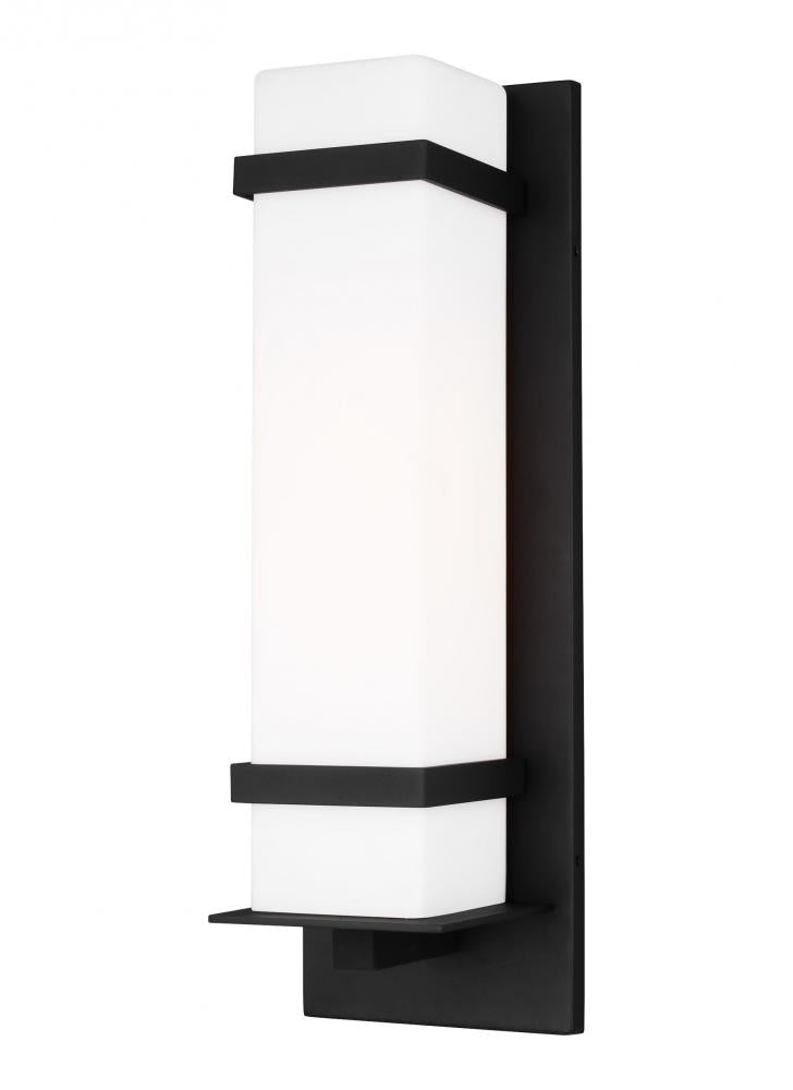 Alban modern 1-light LED outdoor exterior large square wall lantern sconce in black finish with etch